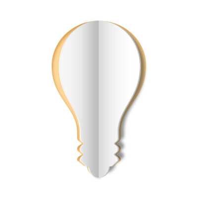 Paper cutout in the shape of a lightbulb, the central fold lifts the edges slightly to reveal a yellow background.