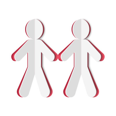 Love Paper styled cutout of two people, similar to a paper family chain, the central fold in each shape raises the edges of each silhouette to reveal a red background.